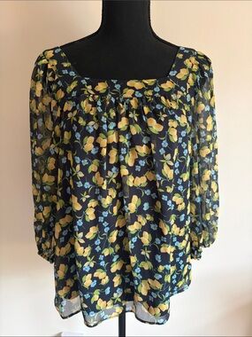 LC Lauren Conrad Blue & Yellow Floral Square-Neck Blouse with Lemon Print XS